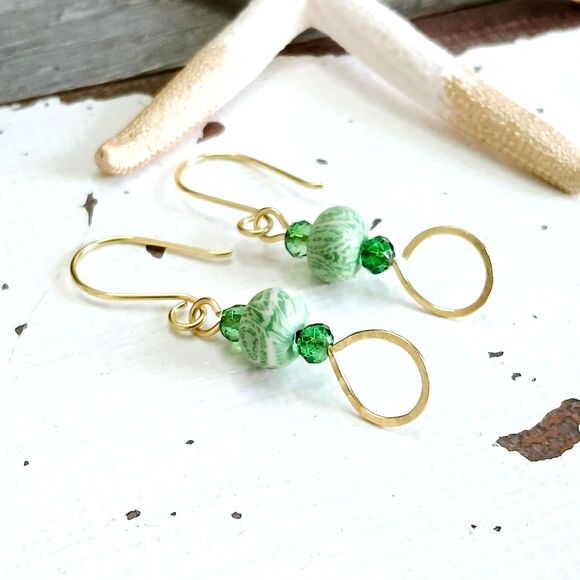 Boho Chic Green Beaded Hammered Dangle Earrings, Statement Artisan - Picture 1 of 5